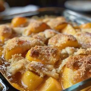 A cast iron skillet of classic Southern peach cobbler topped with a scoop of vanilla ice cream.