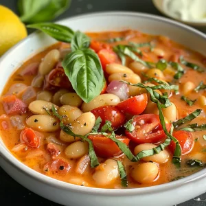 Creamy tomato white bean stew in a skillet, garnished with basil and served with toasted bread.
