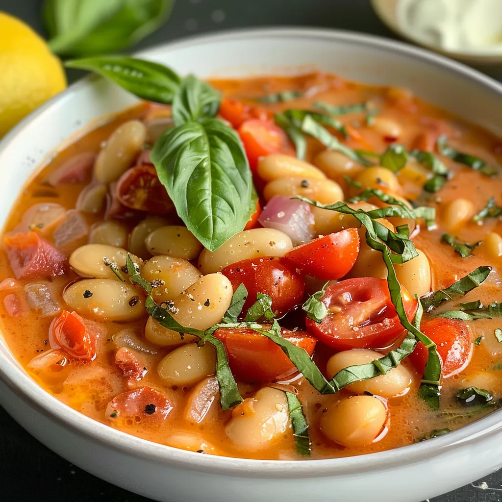 Creamy tomato white bean stew in a skillet, garnished with basil and served with toasted bread.