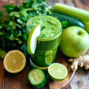 A refreshing green juice made with spinach, apples, cucumber, lime, and mint.