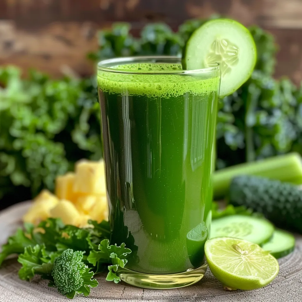 Refreshing green juice in a bowl, garnished with cucumber and mint.