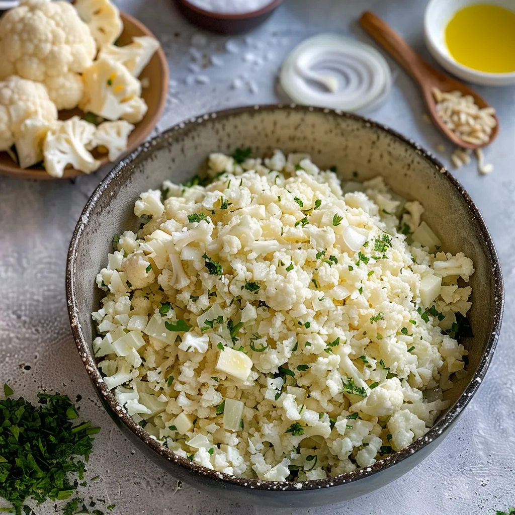 A delicious bowl of Garlic Butter Cauliflower Rice, with a step-by-step preparation collage.