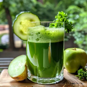 A glass bottle of vibrant green juice sits on a marble board next to sliced kiwi, cucumber, green apple, ginger, and parsley.