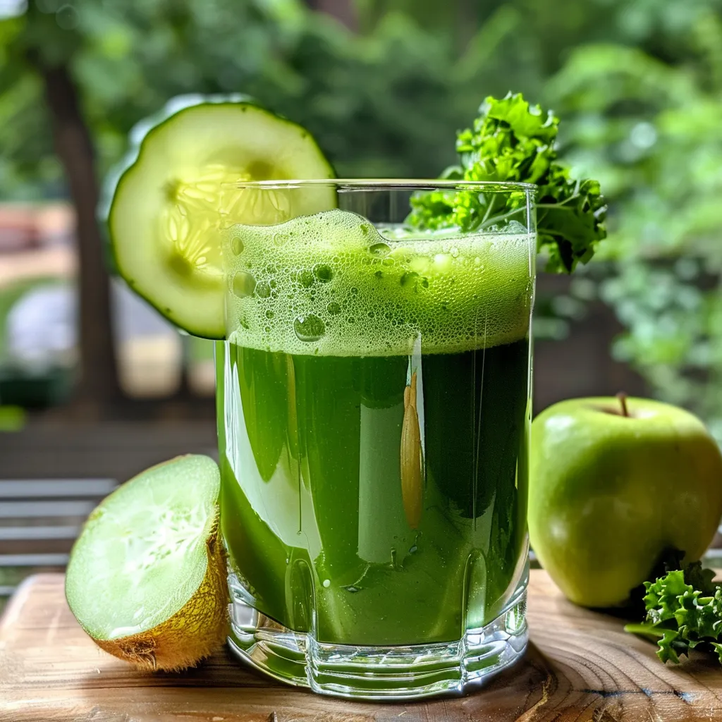 A glass bottle of vibrant green juice sits on a marble board next to sliced kiwi, cucumber, green apple, ginger, and parsley.