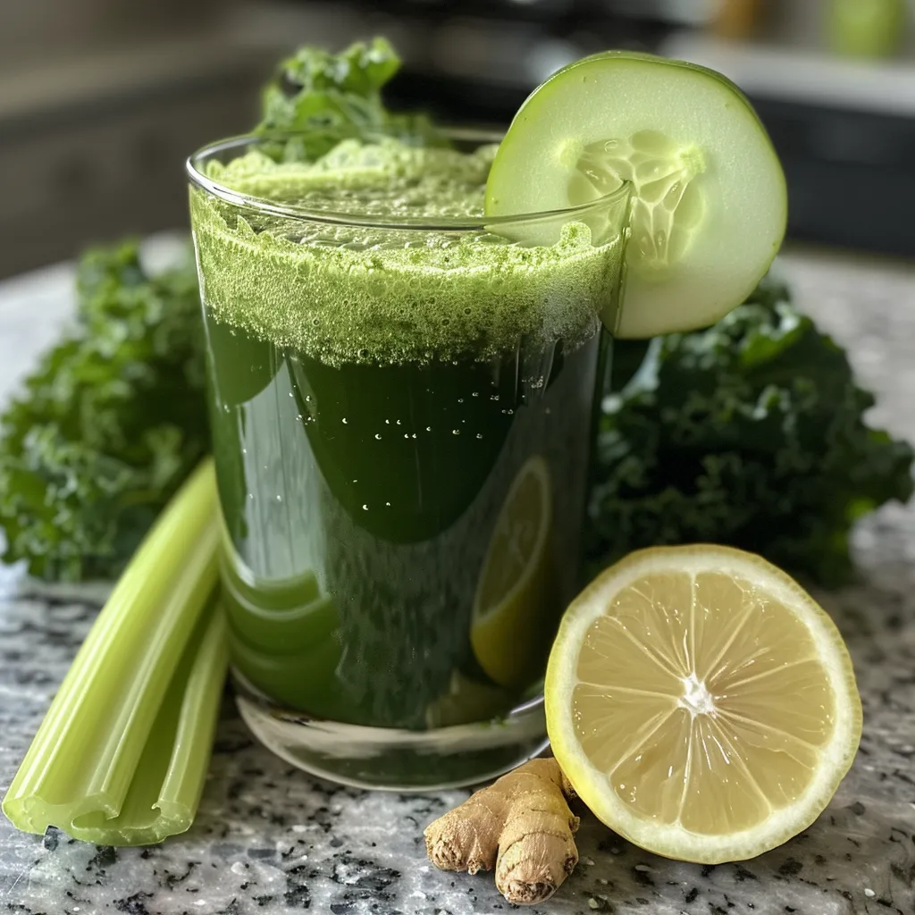 Refreshing green juice made with kale, cucumber, and mint.