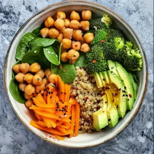 Vibrant photo of a healthy vegan Buddha bowl with a "Click Here" button and text overlay promoting a vegan diet guide.