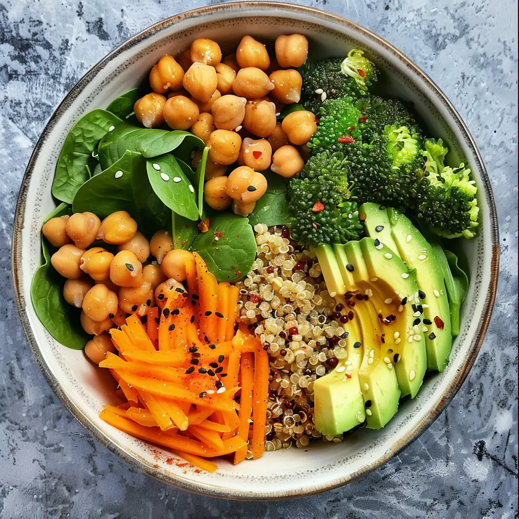 Vibrant photo of a healthy vegan Buddha bowl with a "Click Here" button and text overlay promoting a vegan diet guide.