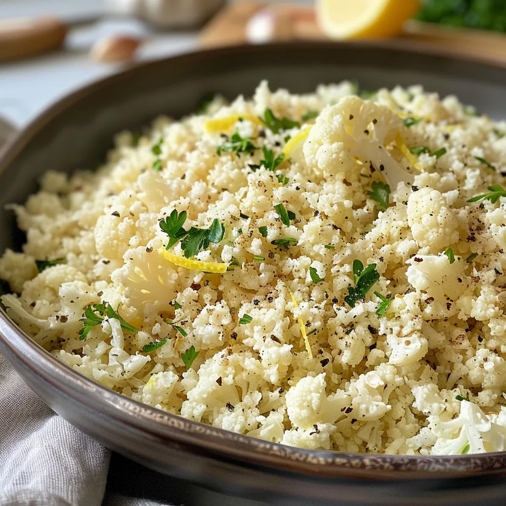 Three variations of lemon garlic cauliflower rice: teriyaki, vegetable, and Mexican.