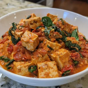 Pan-seared tofu steaks in a creamy tomato sauce with spinach.