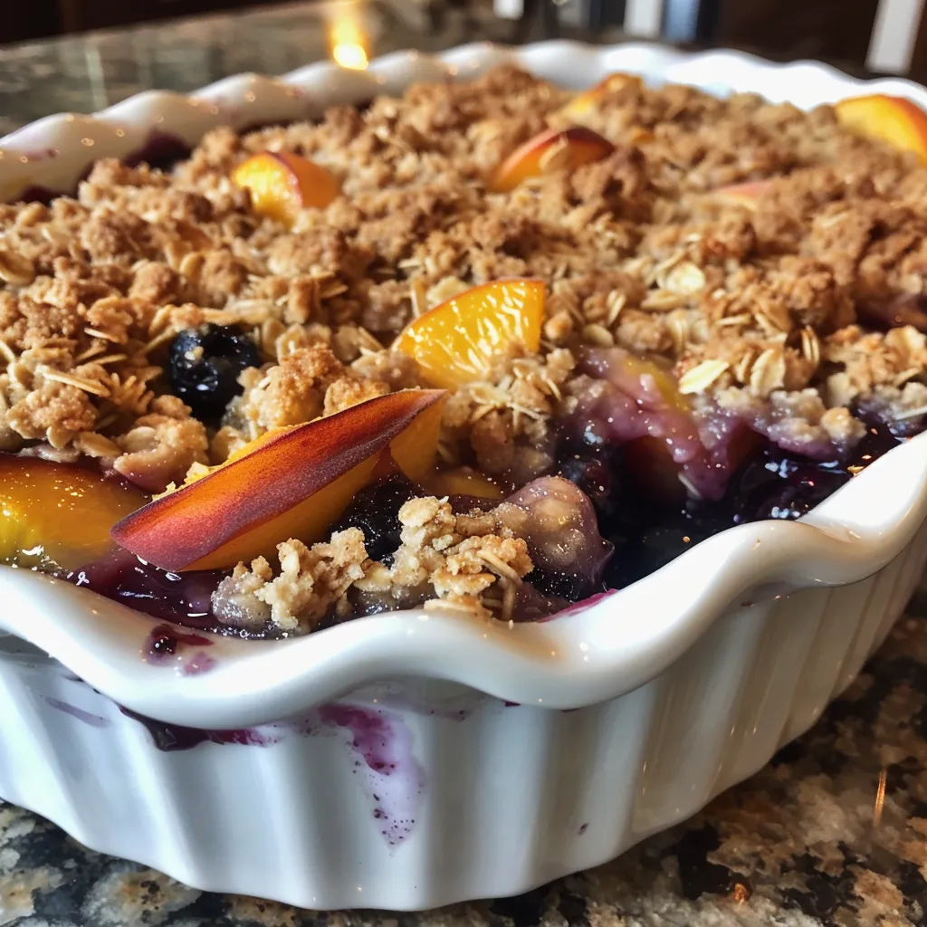 Close-up of a delicious peach and blueberry crisp, showing a golden-brown crumble topping and juicy fruit filling.