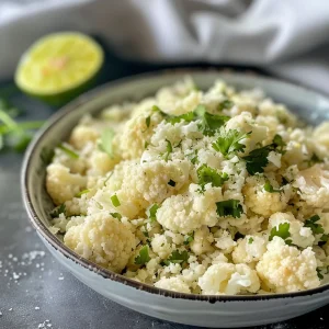 Bowl of fluffy cilantro lime cauliflower rice.