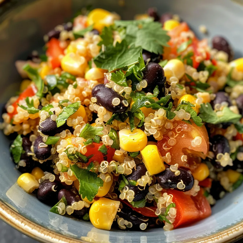 Quinoa and black bean salad in a bowl, garnished with avocado and cilantro.