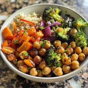 Roasted chickpeas and vegetables in a bowl.