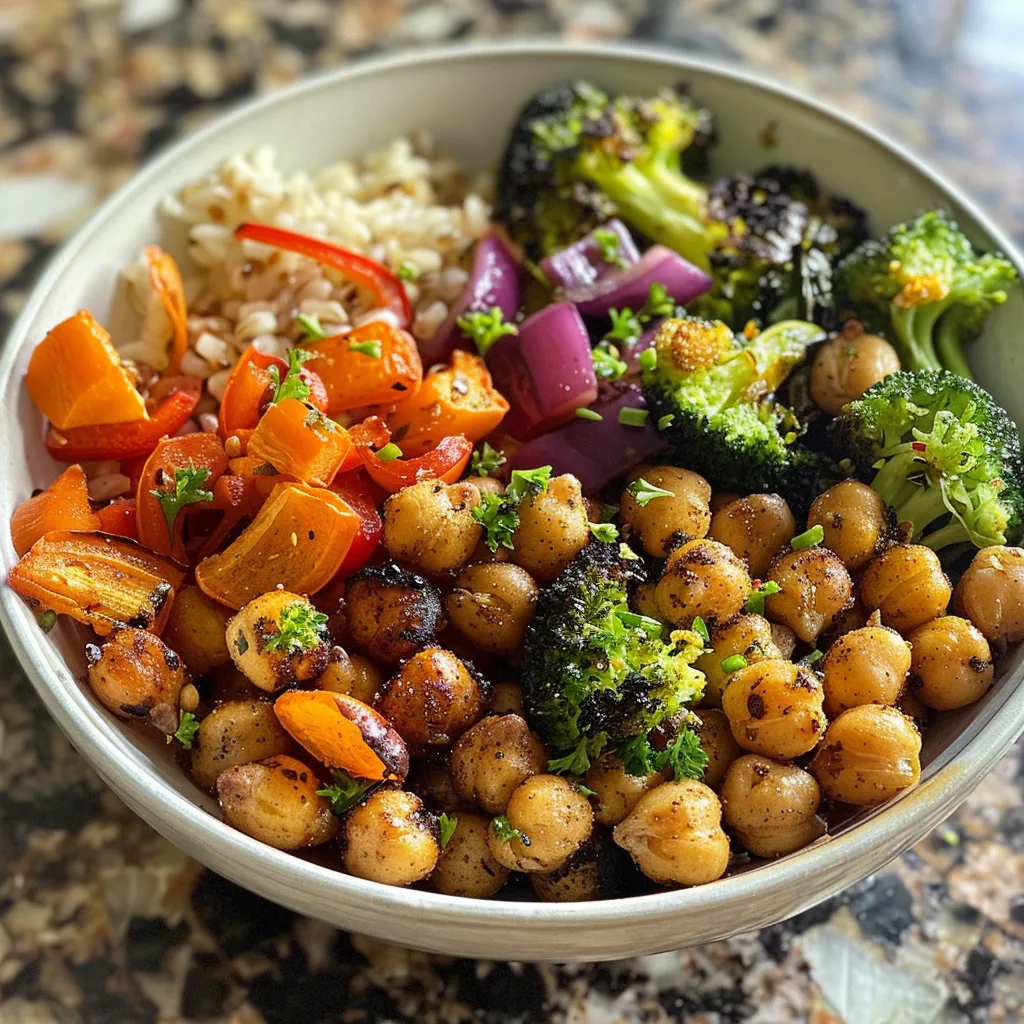 Roasted chickpeas and vegetables in a bowl.