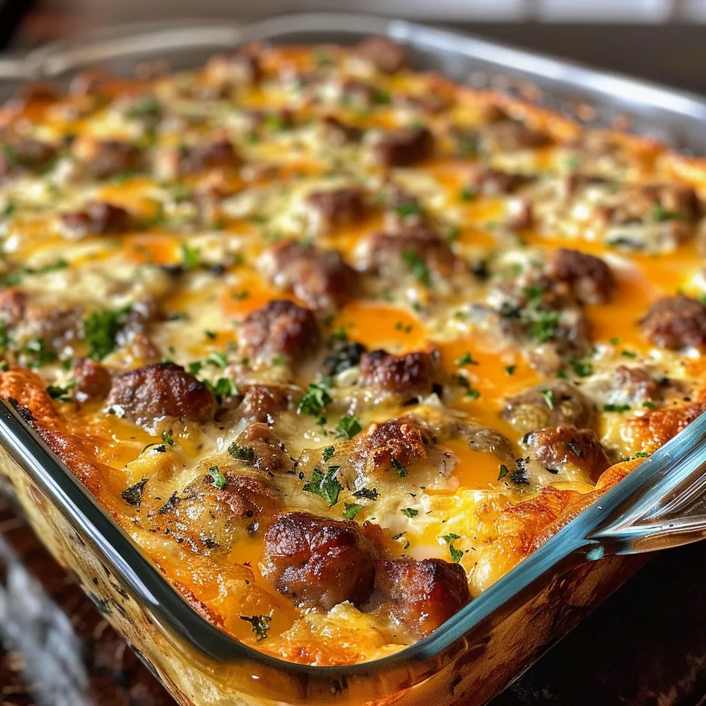 A delicious-looking baked sausage and egg casserole in a white baking dish, with a portion scooped out, garnished with parsley.