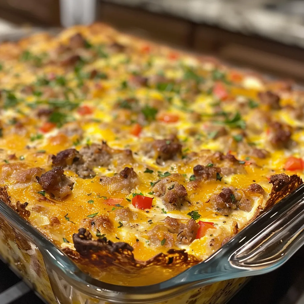 Baked sausage and egg casserole in a glass dish, a piece is missing from one corner.