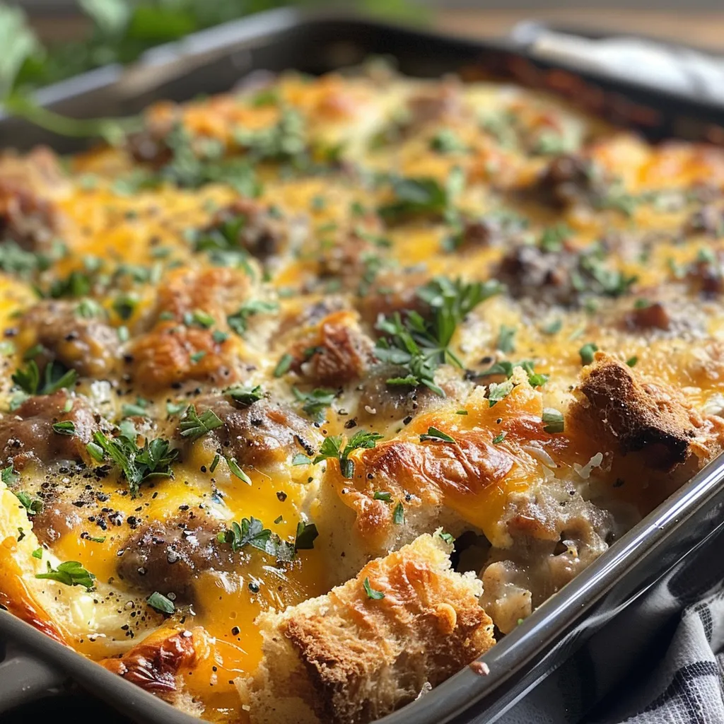 A delicious slice of sausage egg casserole, topped with melted cheese and parsley, served on a white plate.