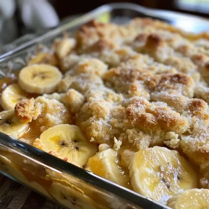 Close-up of a delicious Southern banana cobbler, topped with whipped cream and caramel sauce.