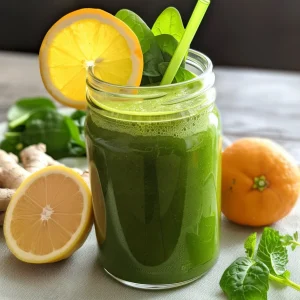 Two glass bottles filled with a vibrant green spinach, orange, and turmeric immunity juice, garnished with mint sprigs and paper straws. Slices of lime, cucumber, and ginger are arranged nearby.