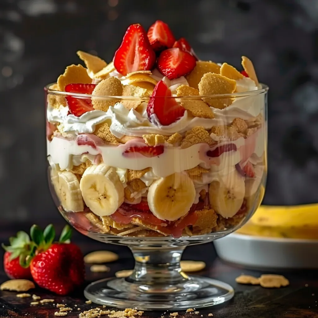 Delicious layered Strawberry Banana Pudding Dream dessert with strawberries, bananas, and cookies.