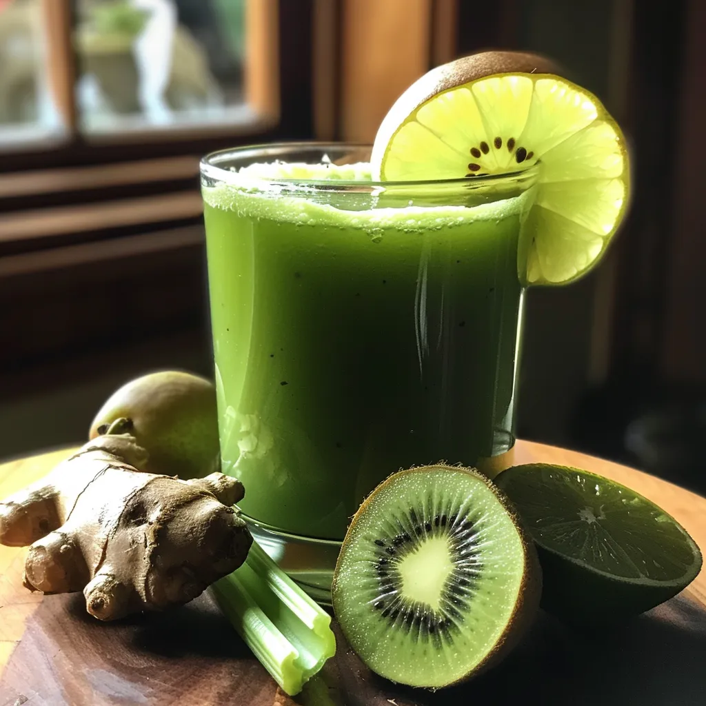 Hand holding a glass of vibrant green juice against a blurred green background.