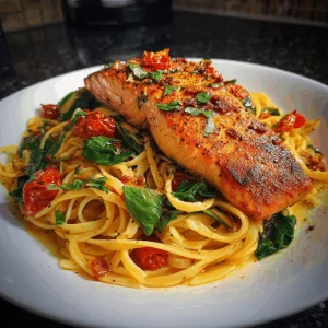 A delicious plate of Healthy & Creamy Tuscan Salmon Pasta