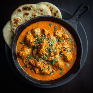 A bowl of creamy butter chicken with rice and naan bread.