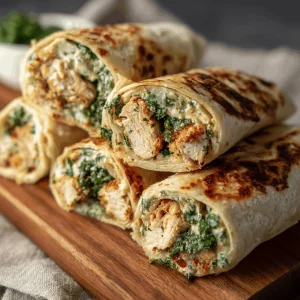 Close-up of three ooey-gooey cheesy garlic chicken wraps cut open, revealing melted cheese and chicken, served with two dipping sauces.