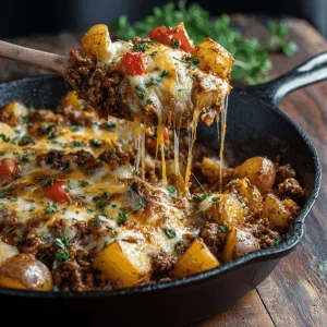 Cheesy ground beef and potatoes casserole in a dark blue baking dish.