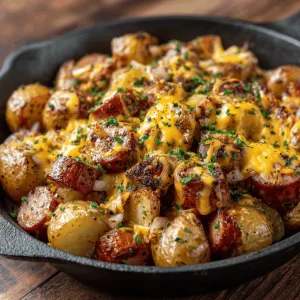 Close-up of cheesy ranch potatoes and smoked sausage in a bowl.
