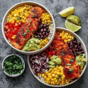 A delicious plate of Chili Lime Salmon Bowls