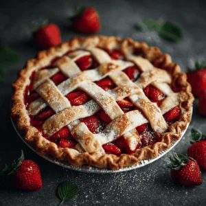 Overhead close-up of a classic strawberry pie topped with whipped cream and mint.