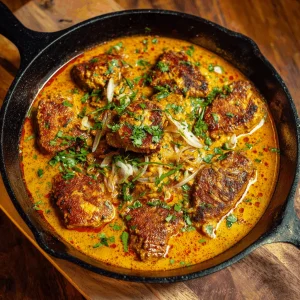 Delicious Cowboy Butter Chicken: Four juicy chicken breasts smothered in a rich, savory, golden-brown sauce, garnished with fresh parsley.