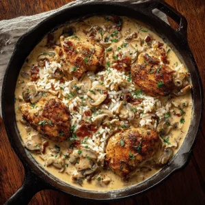 Creamy chicken smothered in a rich sauce, served over a bed of fluffy rice.