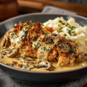 Creamy chicken in a rich sauce served over a bed of rice.