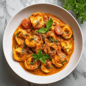 Creamy tomato tortellini with mushrooms and spinach in a bowl.