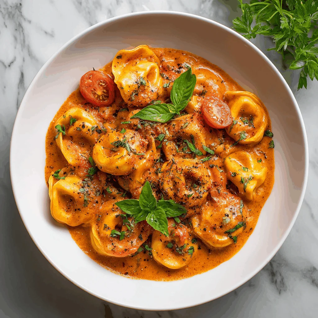 Creamy tomato tortellini with mushrooms and spinach in a bowl.