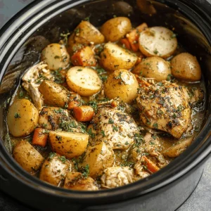 A delicious plate of Garlic Parmesan Crockpot Chicken and Potatoes