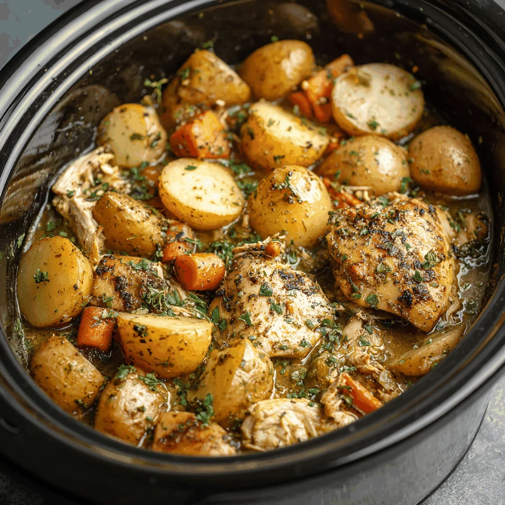 A delicious plate of Garlic Parmesan Crockpot Chicken and Potatoes
