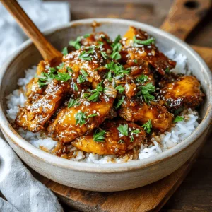 Overhead view of a slow cooker filled with Crockpot Honey Garlic Chicken, a hearty stew featuring chicken, rice, and bell peppers.