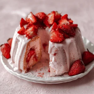 Three images showcasing delicious strawberry treats: a layered strawberry cake, a strawberry float, and a strawberry mochi.