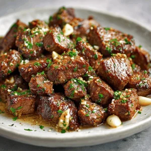 Close-up of garlic butter steak bites in a rich parmesan cream sauce, served with roasted carrots and mashed potatoes.