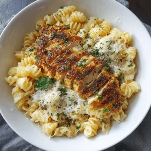 A bowl of creamy garlic parmesan chicken pasta with spinach and parmesan cheese.