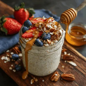 Two mason jars filled with layered high-protein overnight oats, one topped with strawberries and peanut butter.