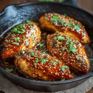 Close-up of juicy honey garlic chicken breasts served over a bed of rice, garnished with fresh parsley.