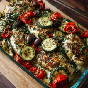 Close-up of a baked dish with chicken, zucchini, tomatoes, and melted cheese.