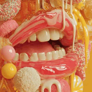 Close-up of two juicy, seasoned chicken breasts in a flavorful sauce.