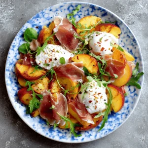 A delicious plate of Grilled Nectarine Burrata Prosciutto Salad