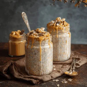 Close-up of a glass jar filled with creamy peanut butter overnight oats, topped with peanut butter and various seeds.
