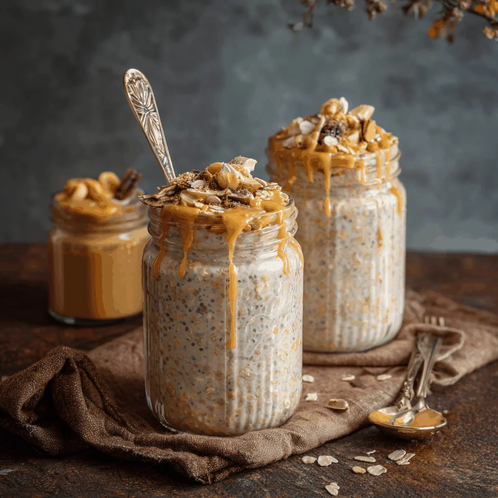 Close-up of a glass jar filled with creamy peanut butter overnight oats, topped with peanut butter and various seeds.